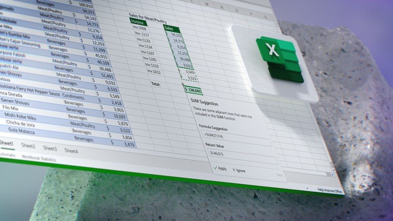 Futuro del concepto de Microsoft 365 que muestra sugerencias de fórmulas de Excel.