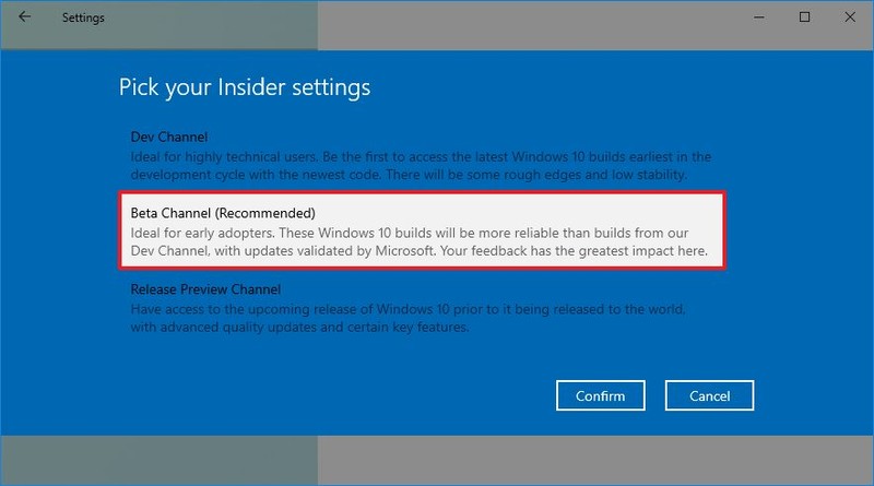 Windows 10 seleccione Canal Beta