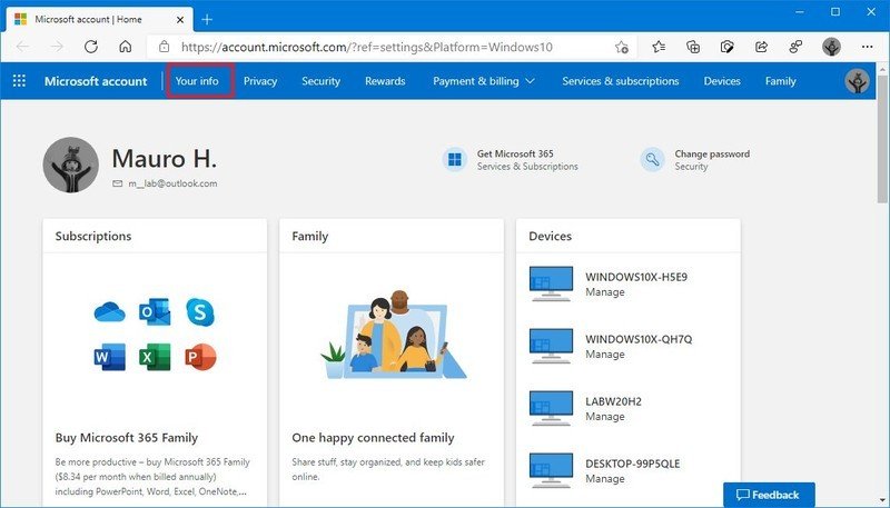Cuenta Microsoft pestaña Tu información