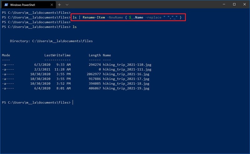 PowerShell eliminar nombre de archivo eliminar espacios