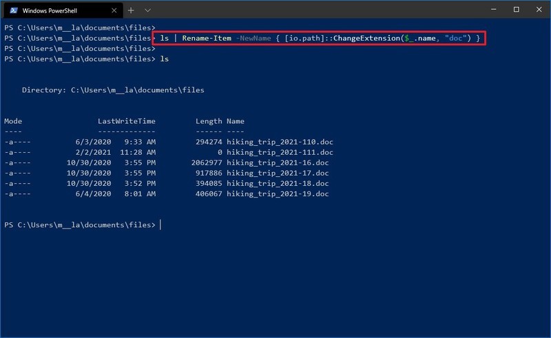 Extensión de archivo de cambio de PowerShell