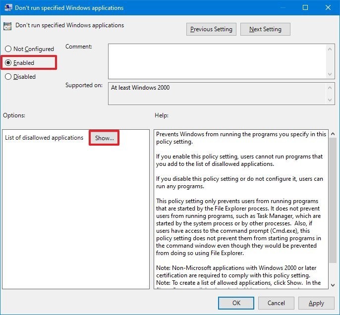 Configurar la política de No ejecutar aplicaciones de Windows especificadas