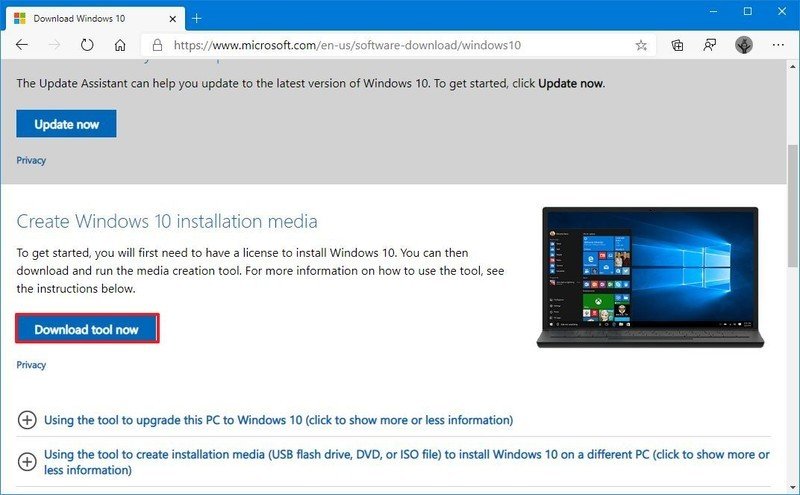 Descarga de la herramienta de creación de medios de Windows 10 20H2