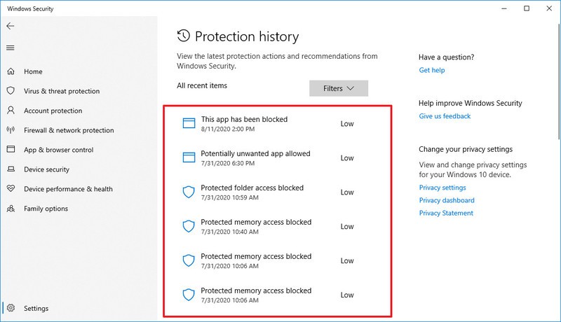 Historial de detección de malware de Microsoft Defender