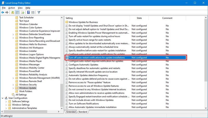 Configuración de actualización de Windows de la directiva de grupo local