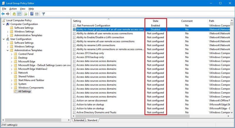 Política de grupo local Todas las configuraciones para la configuración del usuario