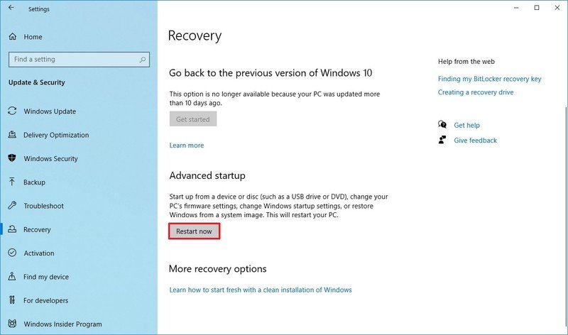 Configuración de recuperación de Windows 10 Inicio avanzado