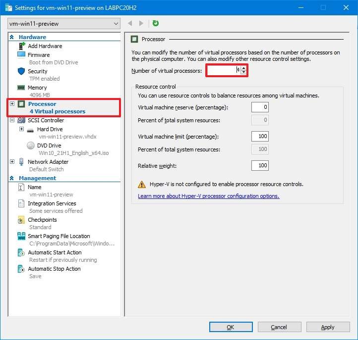 Configuración del procesador Hyper-V