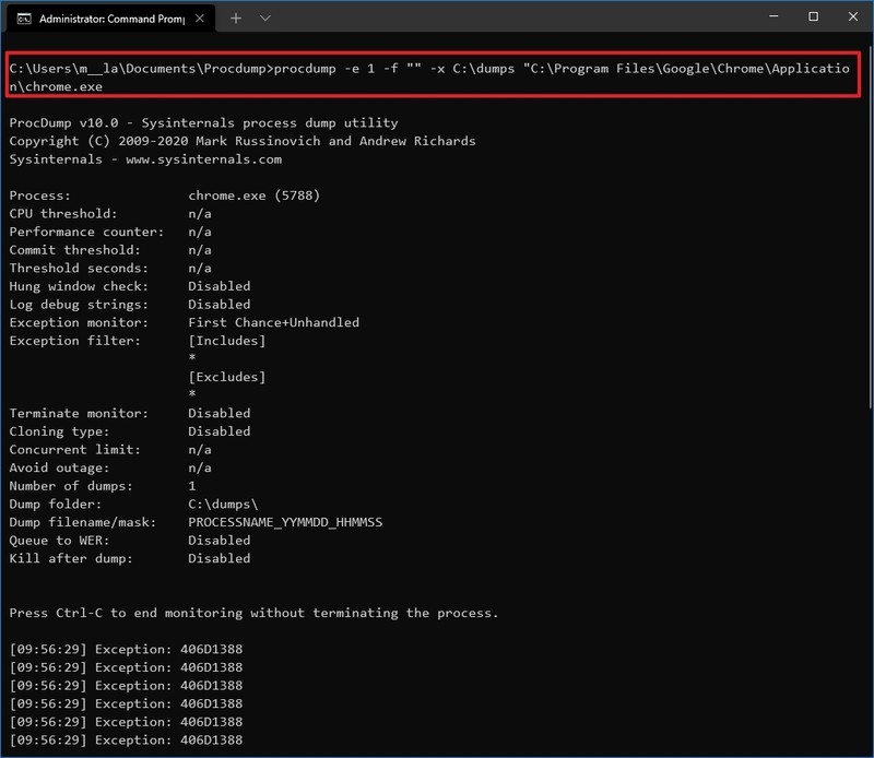 Aplicación de lanzamiento ProcDump, monitorear, crear volcado