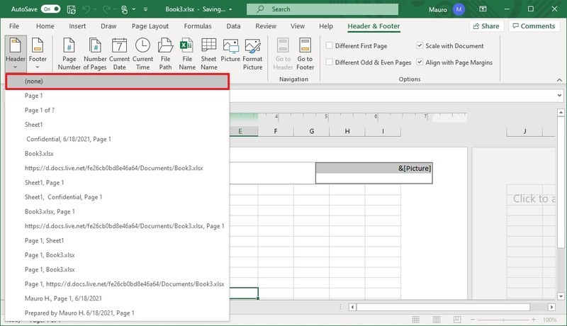 Excel elimina el encabezado usando la pestaña Insertar