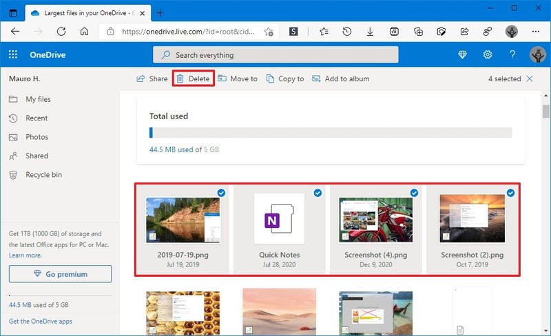 Opción de liberar espacio en Onedrive