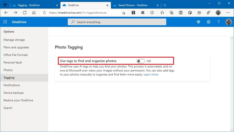 Opción de etiquetado de imágenes de Onedrive deshabilitada