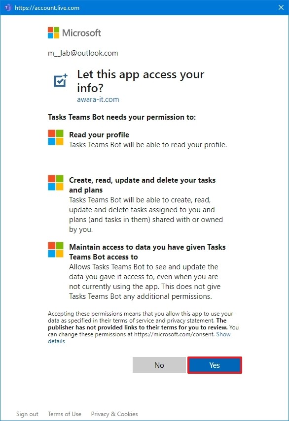 Conceder permisos de Microsoft Teams a la aplicación Tareas