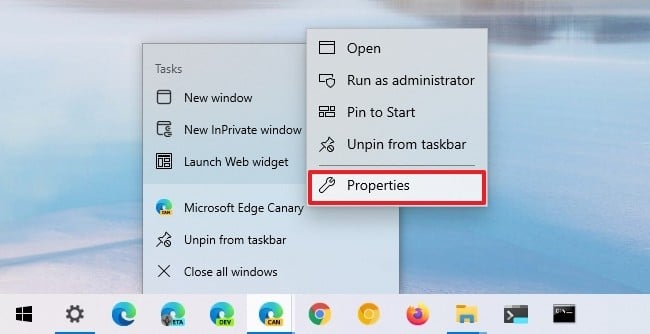 Opción de propiedades del icono de Microsoft Edge