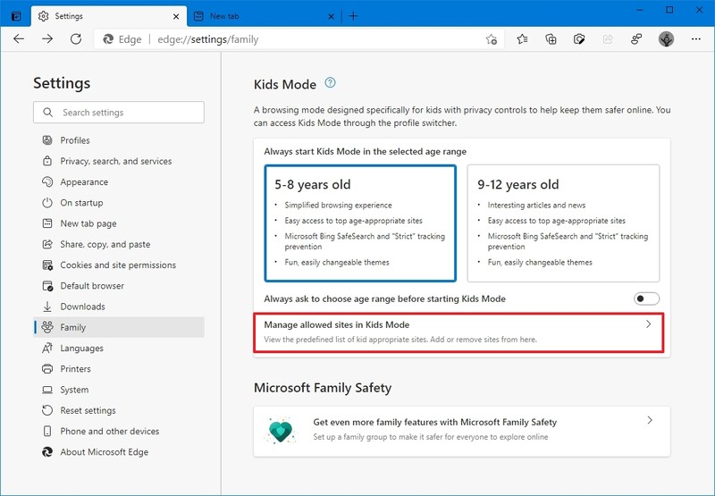 Sitios permitidos del modo infantil de Microsoft Edge