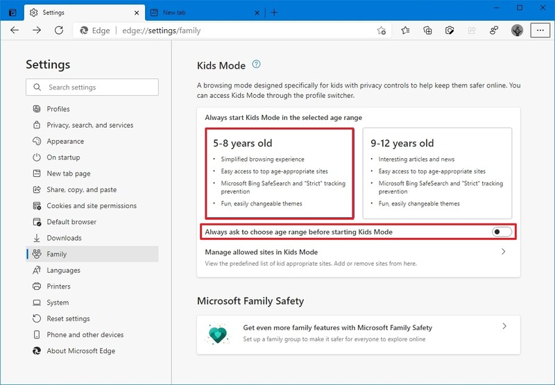 Configuración del modo infantil de Microsoft Edge