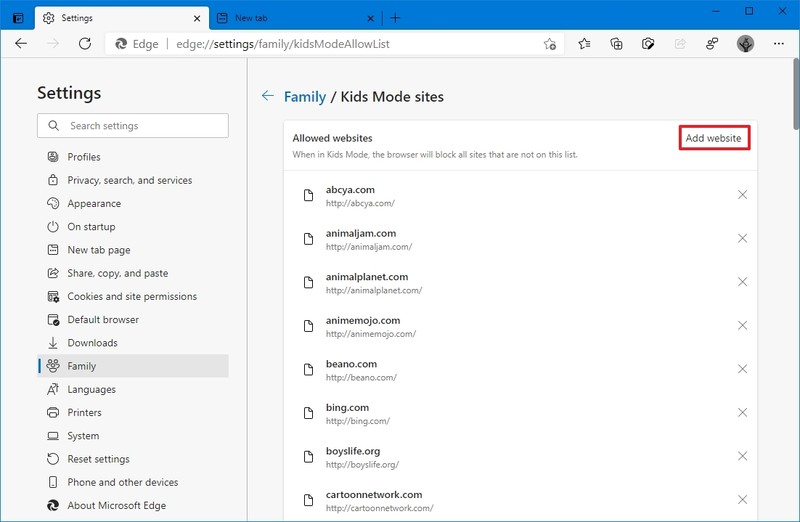 Microsoft Edge Kids Mode agregar sitios web