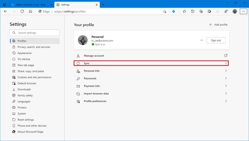 Opción de sincronización de Microsoft Edge
