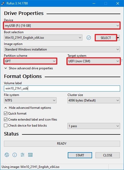 Dispositivo de arranque Rufus con ISO de Windows 10 existente