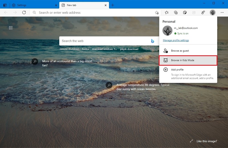 Microsoft Edge navegar en la opción de modo Niños