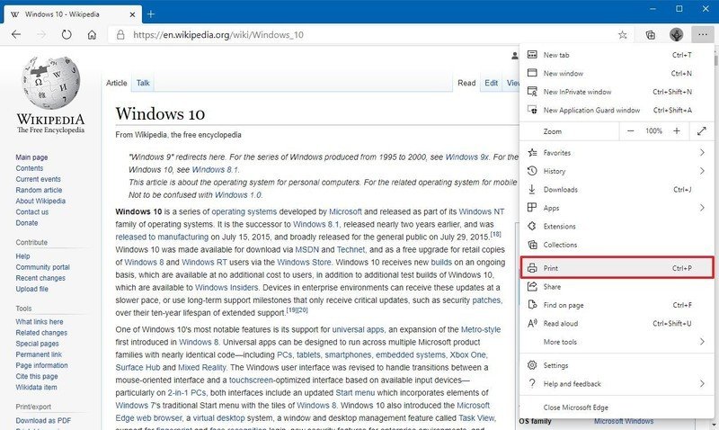 Opción de impresión Microsoft Edge