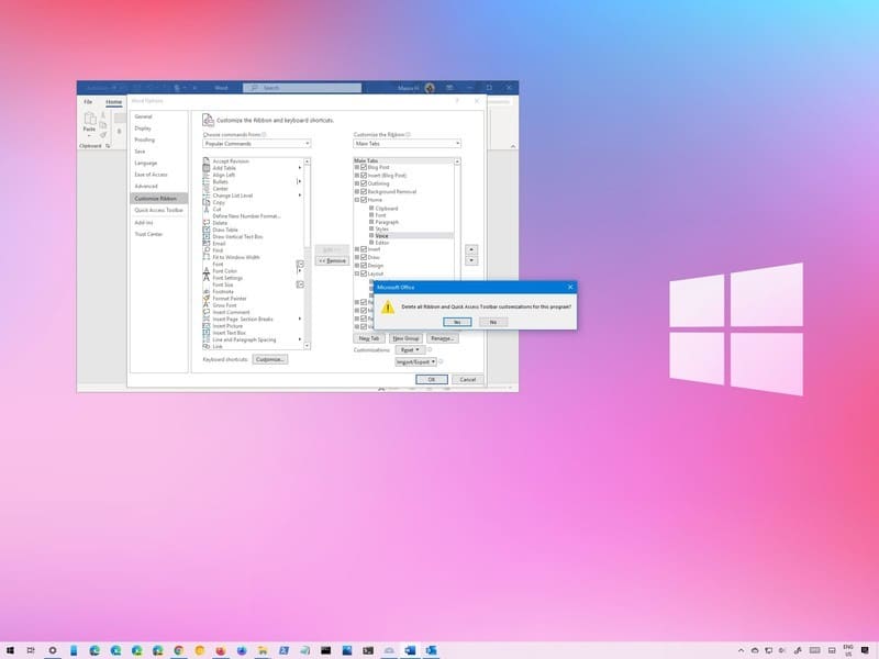 Office Restablecer la configuración de la cinta de opciones Windows