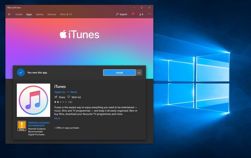 Descarga iTunes desde Windows 10 Microsoft Store.