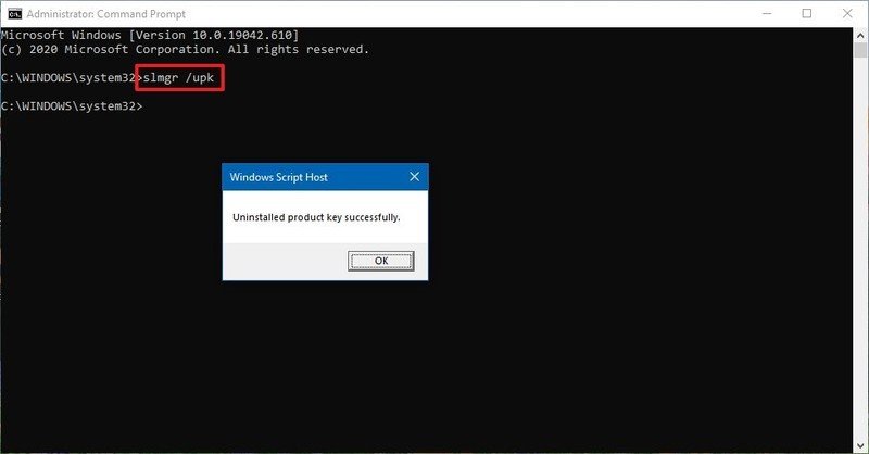 Comando de eliminación de licencia de Windows 10