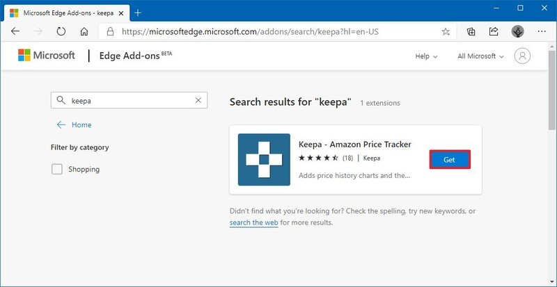 Microsoft Edge descargar la extensión Keepa