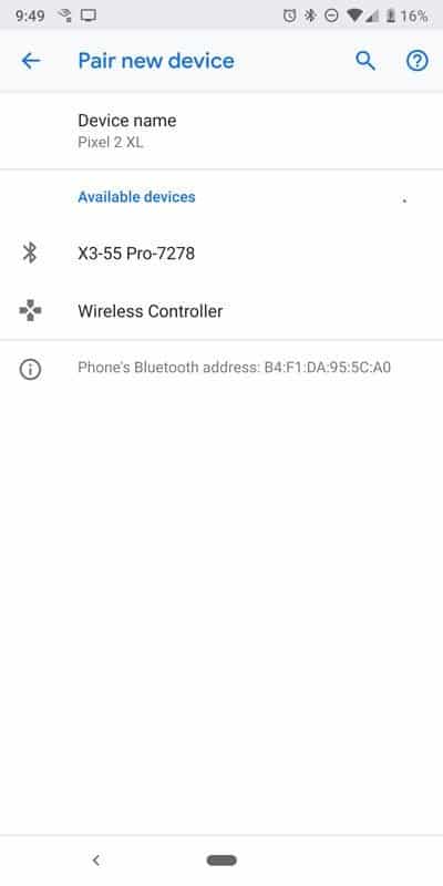 Menú de emparejamiento Bluetooth de Android