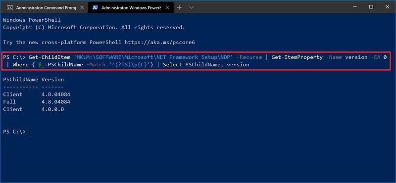 PowerShell comprobar la versión del comando .NET