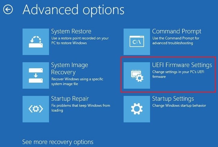 Elija la configuración de firmware UEFI de las opciones avanzadas