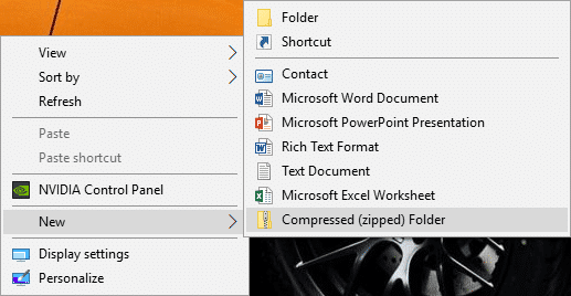 Haga clic derecho en Dekstop, luego seleccione Nuevo y seleccione Carpeta comprimida (en zip)