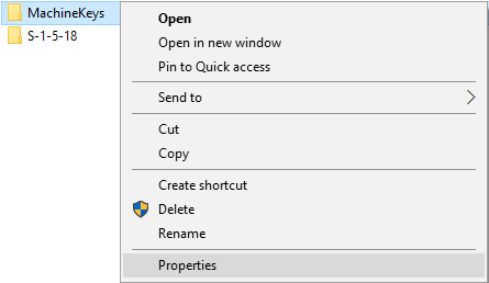 haga clic con el botón derecho en la carpeta MachineKeys y seleccione Propiedades