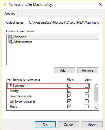 Asegúrese de que Todos esté seleccionado en Grupo o nombre de usuario y luego marque Control total en Permisos para todos