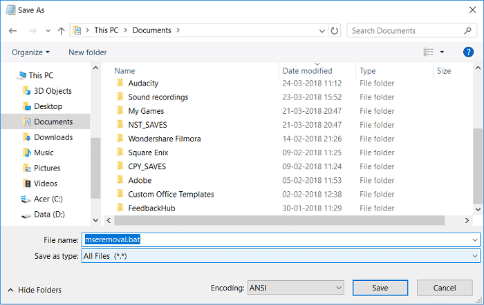 Escriba mseremoval.bat, luego seleccione Todos los archivos del menú desplegable Guardar como tipo y haga clic en Guardar