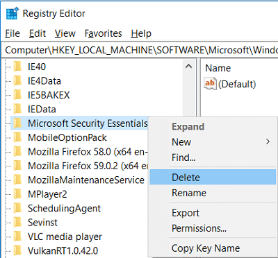 Haga clic derecho en Microsoft Security Essentials y seleccione Eliminar
