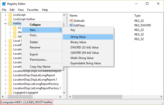 Vaya a lnkfile en HKEY_CLASSES_ROOT y haga clic con el botón derecho, luego seleccione Nuevo y luego Valor de cadena