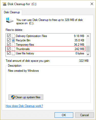 Marque Miniaturas de la lista y haga clic en Limpiar archivos del sistema