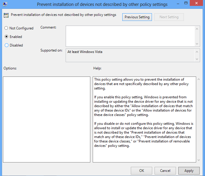 Habilitar Evitar la instalación de dispositivos no descritos por otras configuraciones de política |  Detener las descargas automáticas de controladores en Windows 10