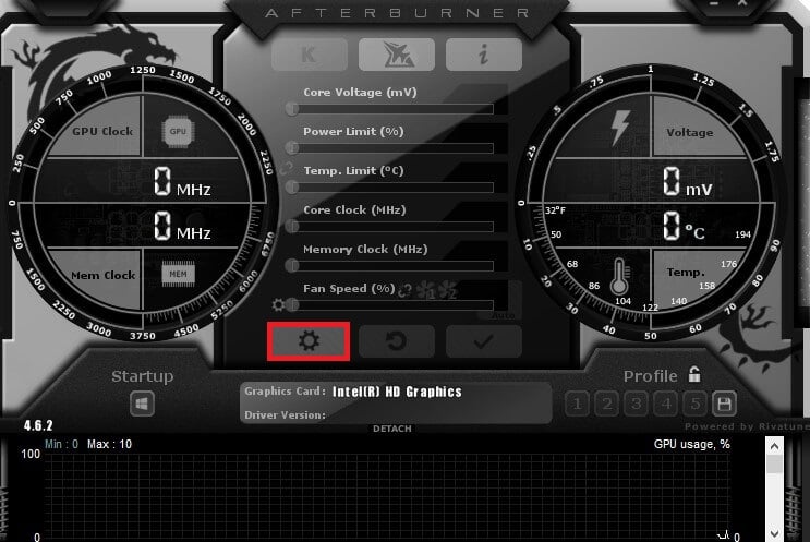 Para acceder a la configuración de MSI Afterburner para obtener las estadísticas de hardware.  Haz clic en el icono de la rueda dentada.