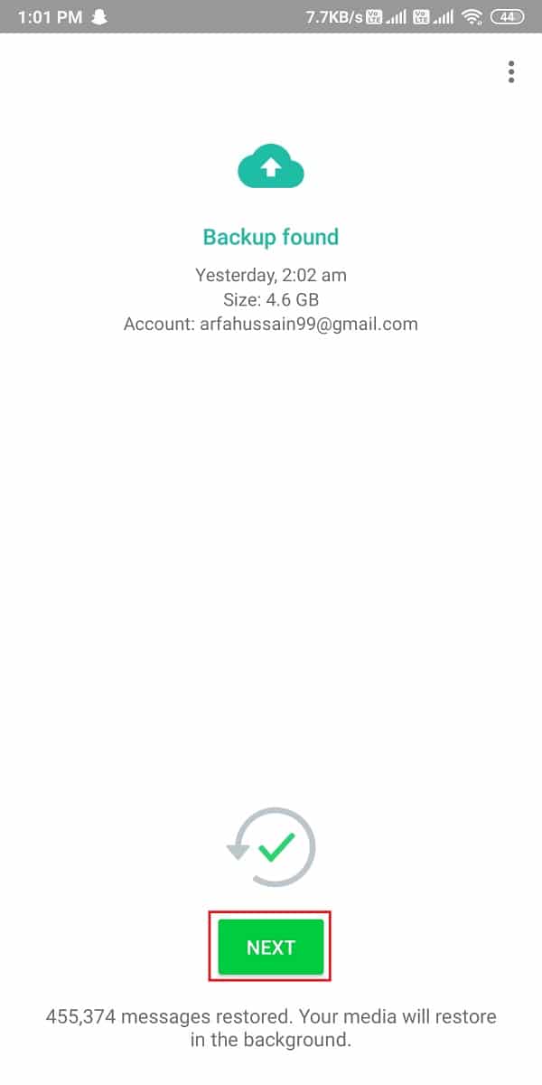 Haga clic en 'Siguiente' para completar el proceso de copia de seguridad.  |  Restaurar copia de seguridad de Whatsapp desde Google Drive a iPhone
