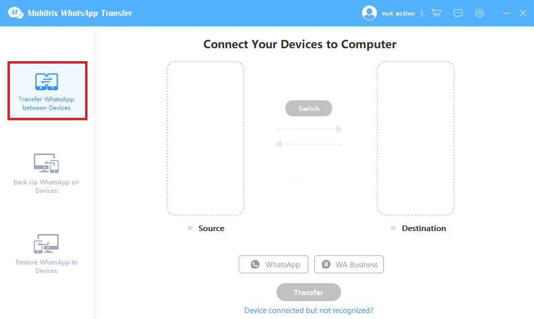 Haz clic en 'Transferir WhatsApp entre dispositivos |  Restaurar copia de seguridad de Whatsapp desde Google Drive a iPhone