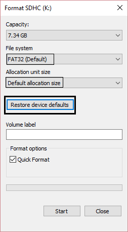 asignación predeterminada y formato de sistema de archivos SDcard o SDHC