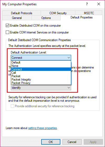 asegúrese de que el nivel de autenticación predeterminado esté configurado para conectarse