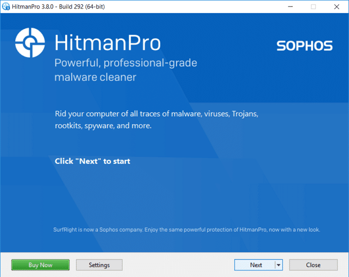 HitmanPro se abrirá, haga clic en Siguiente para buscar software malicioso |  Eliminar el adware y los anuncios emergentes del navegador web