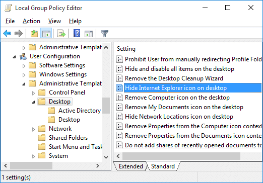 Haga doble clic en Ocultar el icono de Internet Explorer en la política de escritorio