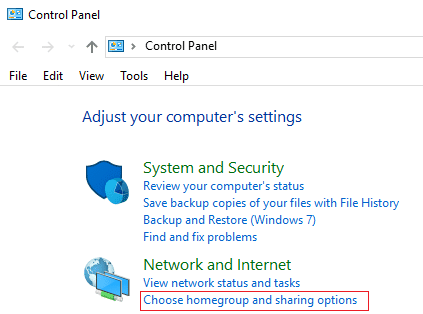 haga clic en Elegir grupo en el hogar y opciones para compartir en el Panel de control
