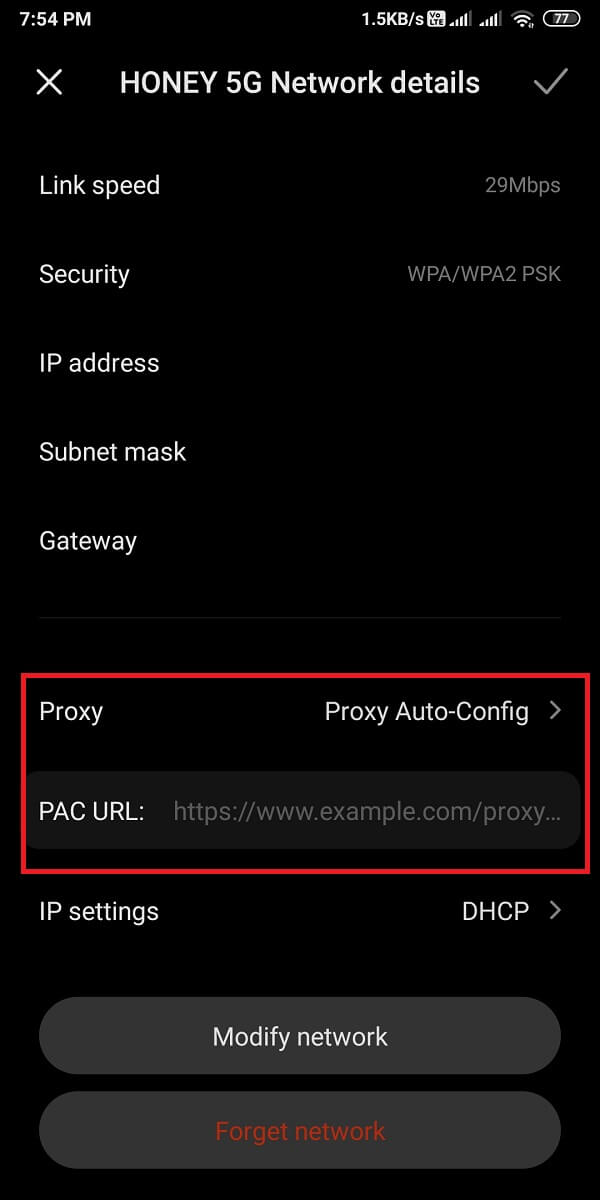 Elija la opción de configuración automática del proxy, escriba la URL del PAC.  |  Cómo ocultar su dirección IP en Android