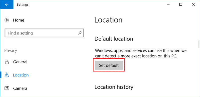 En Ubicación predeterminada, haga clic en Establecer predeterminado |  Cómo configurar la ubicación predeterminada de su PC